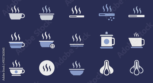 Hot Beverage Icons: Steam Rising from Cups, Bowls, and Mugs on Dark Blue Background