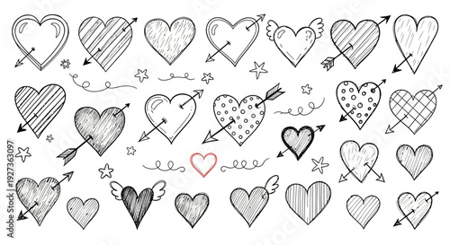Hand-drawn hearts with arrows and wings, doodle style, romantic symbols, Valentine's Day