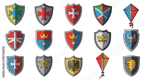Medieval Shields and Kites Vector Icons Set, Heraldic Emblems Collection