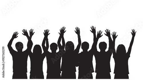 Silhouetted people celebrating with raised hands in joyful gesture against for community event Transparent Background