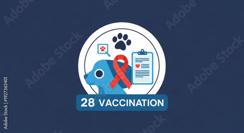 Pet vaccination concept with red ribbon and dog head icon on blue background for health awareness campaign