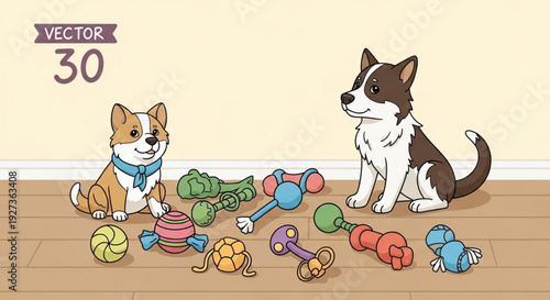 Two corgis sitting on wooden floor surrounded by colorful dog toys