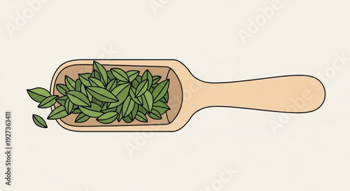 Wooden scoop overflowing with fresh green leaves on a plain background