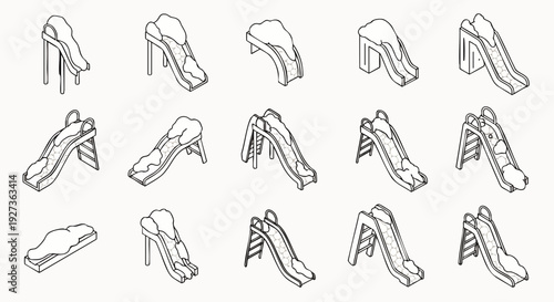 Collection of various playground slides line art vector illustrations. Set of different shapes and designs for kids' play areas, parks, and waterparks. Outline drawings for recreation.