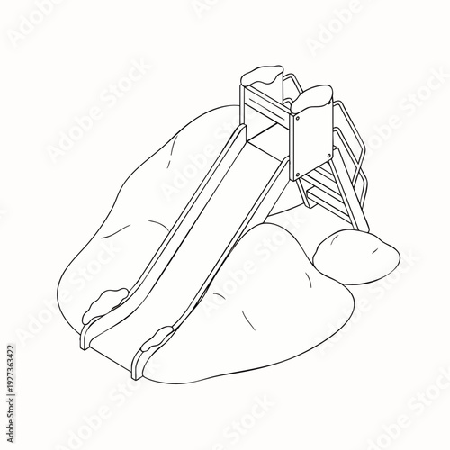 Isometric outline drawing of a children's playground slide with stairs and platform, a classic recreational equipment for kids fun and outdoor play area.