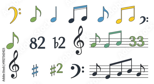 Musical Notes and Symbols Collection: Treble Clef, Bass Clef, Sharps, Numbers, Staff