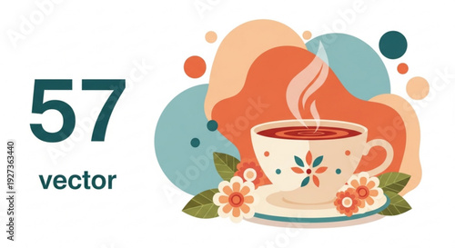 Steaming cup of tea with floral design on a saucer surrounded by colorful abstract shapes and flowers