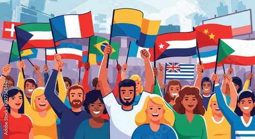 Diverse crowd holding international flags together in joyful celebration multicultural unity and global harmony concept vibrant colors and happy faces