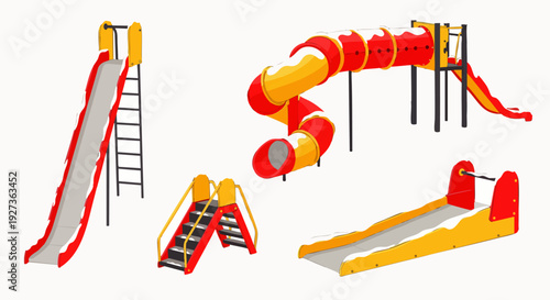 Collection of various colorful playground slides and children's play equipment, isolated on a white background, perfect for recreation and outdoor fun.