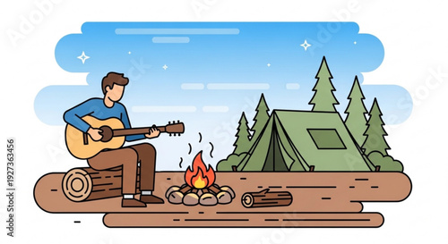 Man playing guitar beside campfire near tent in serene forest glade under starry night sky illustration