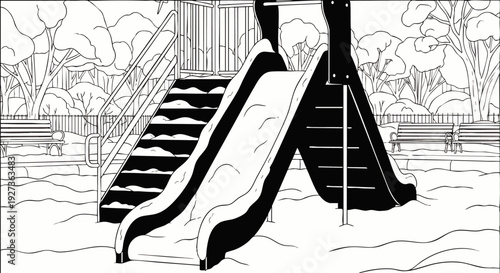 Black and white line art illustration of an empty snow-covered playground slide and stairs in a quiet winter park scene.