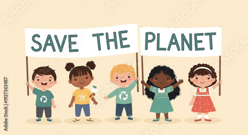 Diverse group of children holding signs that say save the planet promoting environmental conservation and sustainability together