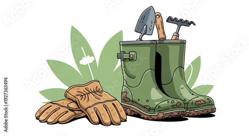 Green rubber boots with gardening tools and gloves on white background with green leaves