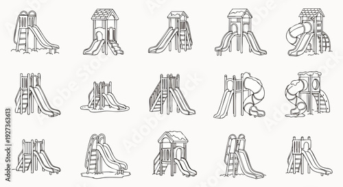 Diverse collection of outline vector icons depicting various playground slides and play structures, perfect for children's parks, recreational areas, and outdoor fun concepts.