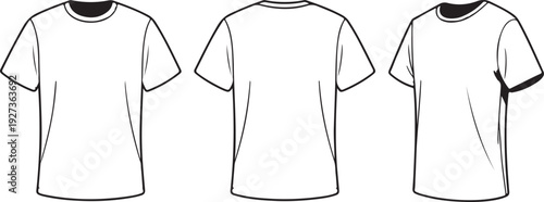 A technical product design sketch of a plain white t-shirt shown from three different angles