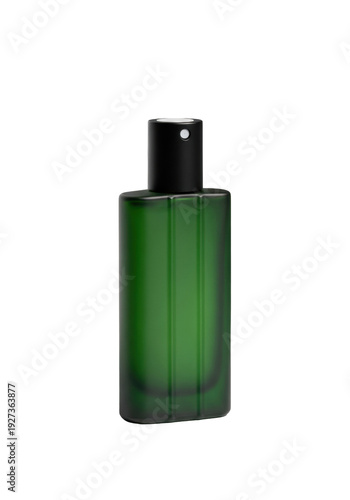 Single forest green frosted glass rectangular bottle with a matte black cylindrical cap stands on a transparent seamless background under soft diffused light. Luxury commercial advertising concept