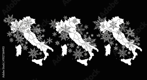 Italy Map Covered in Snowflakes, Winter Season in Italy, Cold Weather Travel