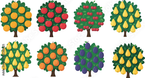 Cartoon Fruit Tree Collection with Apples, Oranges, Pears, Plums and Cherries Isolated on White Background, Colorful Vector Illustration Set for Agriculture Design