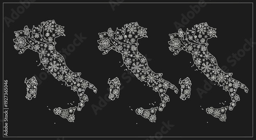 Italy Map Silhouette Filled with Snowflakes and Snow - Winter Travel Concept