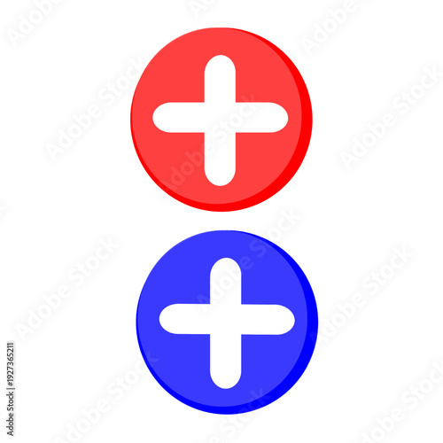 Circular symbol featuring a plus sign in red and blue colors, representing medical aid, addition, positivity, or emergency services. The bold plus mark stands out clearly against the contrasting color