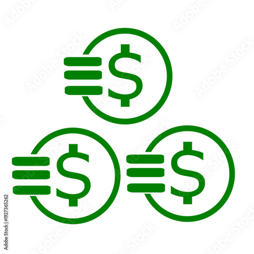 Three green US dollar coins on white background, representing money and finance