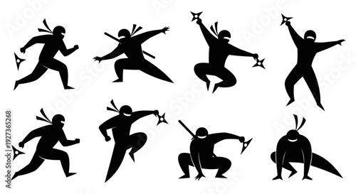 Ninja Silhouettes: Dynamic Poses of Martial Arts Warriors with Shuriken Stars