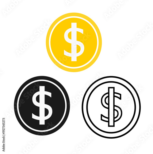 Three US dollar coins in white, yellow, and black on a white background, symbolizing money and finance