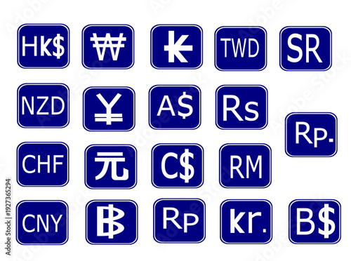 Collection of various currency symbols from around the world on white background, representing global finance and economy