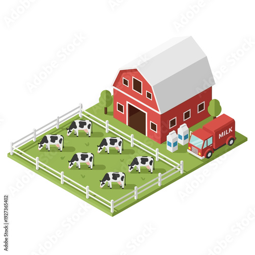 Red barn with cows and milk delivery truck on farm.