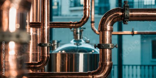Polished copper pipes and stainless steel brewing tanks reflect lights in a modern craft beer production facility.