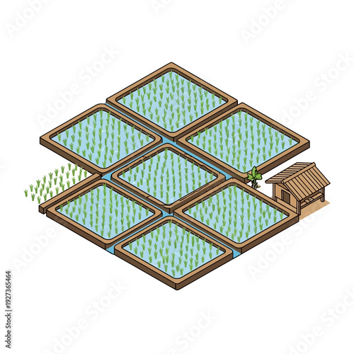 Illustration of a farm with six plots and a small shed.