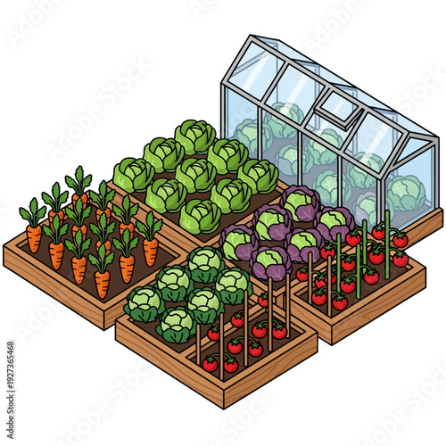 Vibrant Vegetable Garden with Greenhouse Illustration.