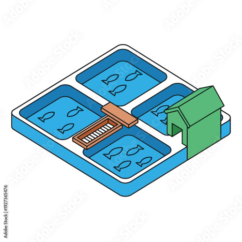 Illustration of a shrimp farm with multiple ponds and a feeding system.