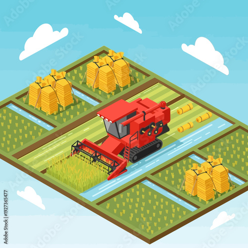 Red combine harvester working in a field with hay bales.