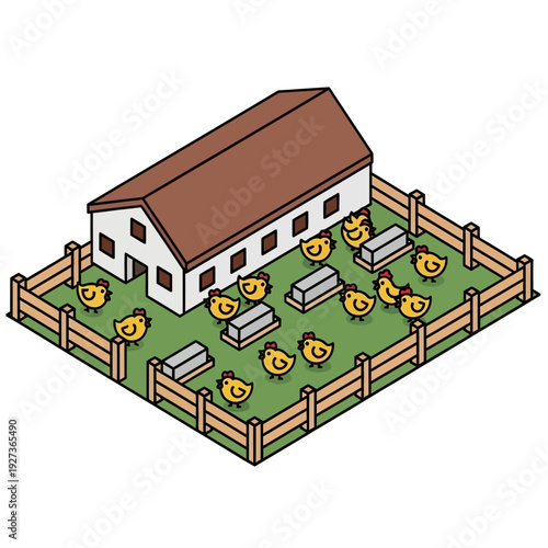 Chicken farm with chickens and coops in a fenced yard.