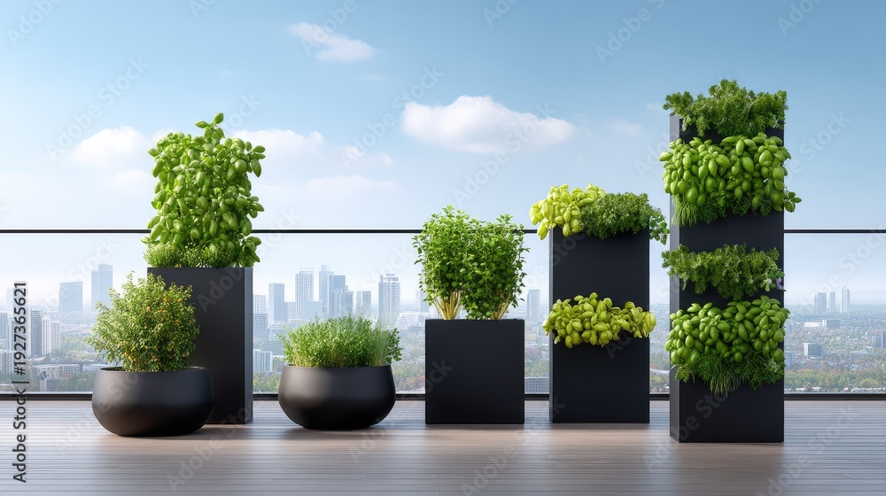 Fototapeta premium Modern rooftop garden with various herbs and plants in stylish planters against a panoramic cityscape backdrop under a bright blue sky