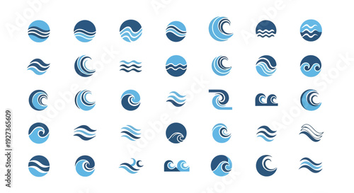 Ocean Wave Icons Set: Blue Circular and Wavy Symbols for Water, Sea, and Nature