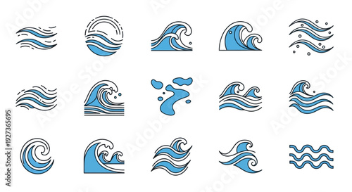 Ocean Wave Icons Set: Blue Water Swirls, Surfing, and Sea Symbols