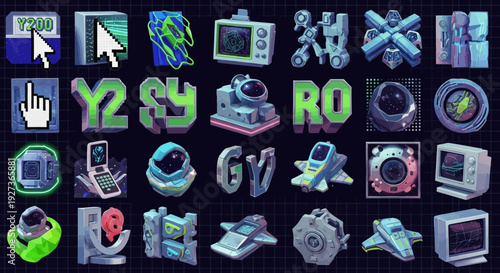 Retro Futuristic Pixel Art Icons: Technology, Sci-Fi, Computers, Spaceships, Retro Gaming