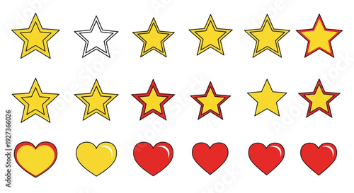 Rating Stars and Hearts Icons Set: Yellow, Red, Outline, Filled, Vector Graphics