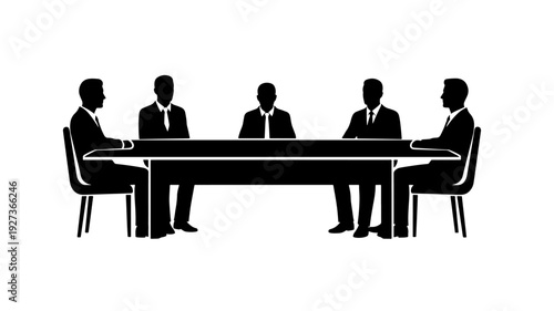 Business meeting silhouettes in formal attire around a table in minimalist black and style for corporate presentation Transparent Background