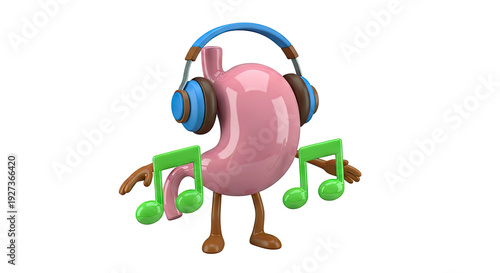 Cartoon Stomach with Headphones and Musical Notes