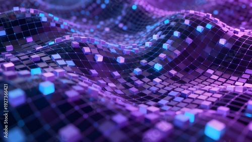 Futuristic Cyber Space Background Featuring Flowing Neon Grid and Tiny Blocks