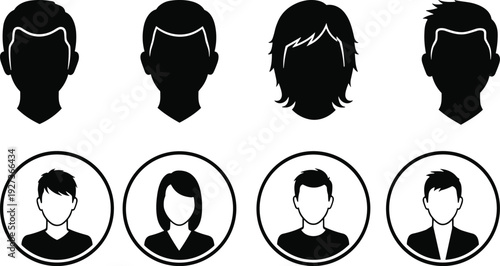 Set of male and female avatar silhouettes, default user profile icons collection in black vector isolated on white background