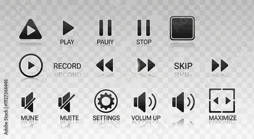 Multimedia Player Controls Icons Set - Play, Pause, Record, Volume, Skip, Maximize