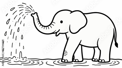 Black and white illustration of an elephant playing with water.