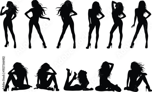 Set of stylish female silhouettes in seductive fashion poses with high heels, black vector illustration isolated on white background collection