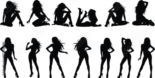 Collection of elegant female silhouettes in glamorous fashion poses with high heels, black vector illustration isolated on white background set
