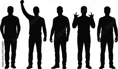 Male silhouettes showing confident standing poses and expressive hand gestures isolated on white background for graphic design use