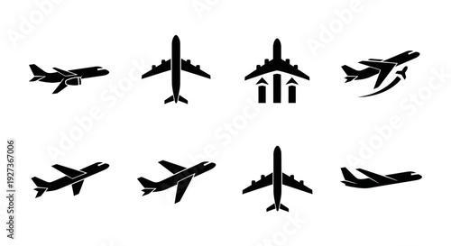 Set of Airplane Icons: Commercial Jets, Passenger Planes, and Aviation Symbols